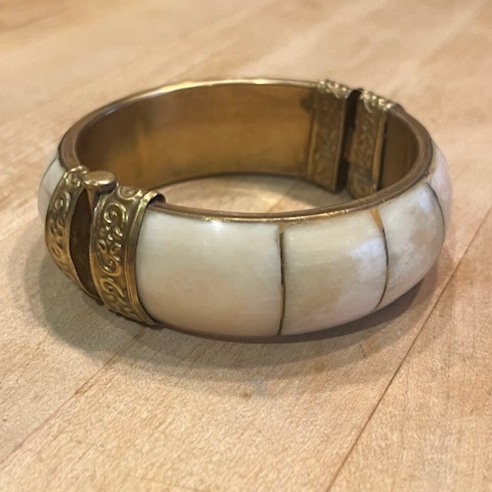 Antique Bone & Brass Hinged Bracelet - Picture 2 of 4